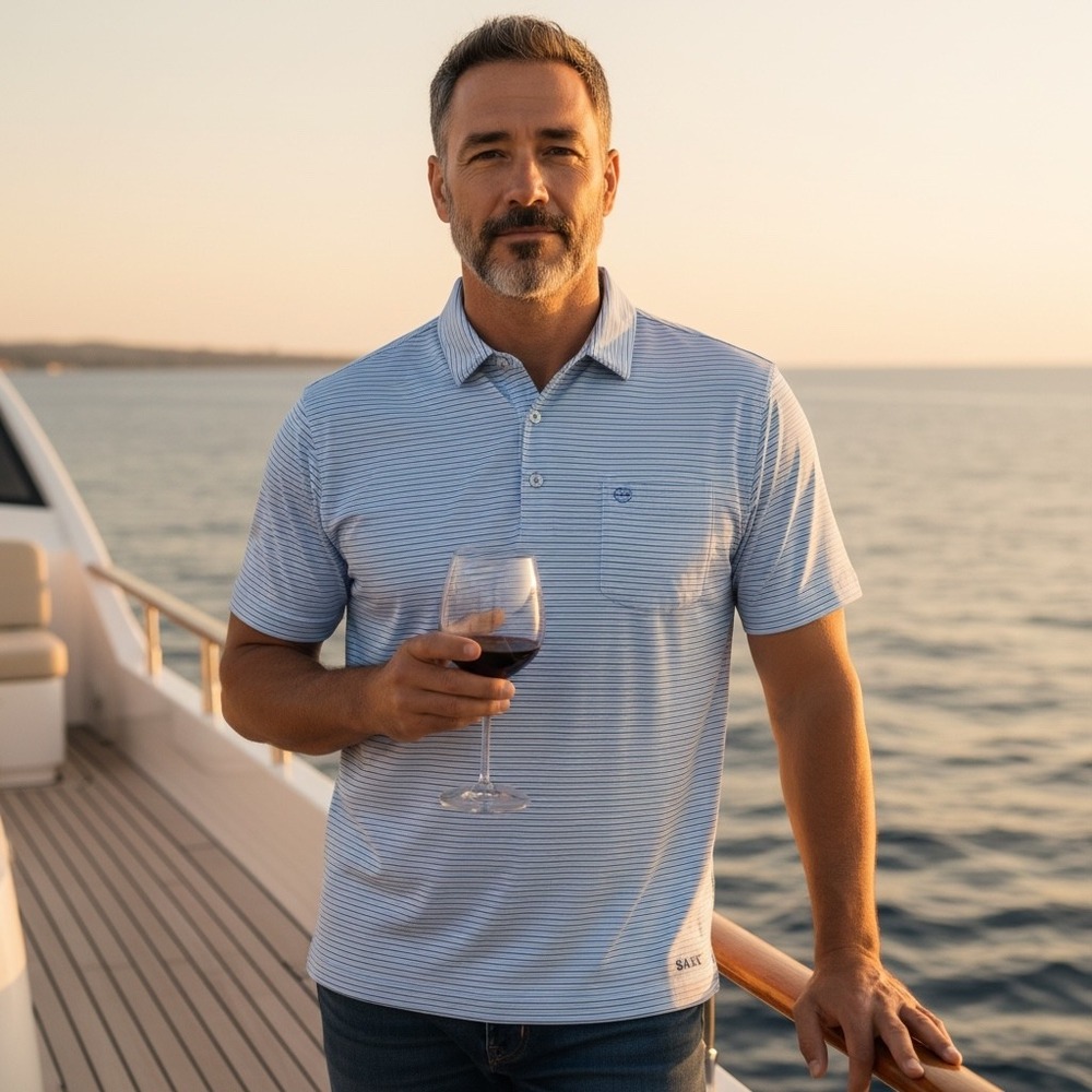 Strong Boalt Mens XXL Blue White Striped Pima Cotton Stretch Polo Shirt Pocket